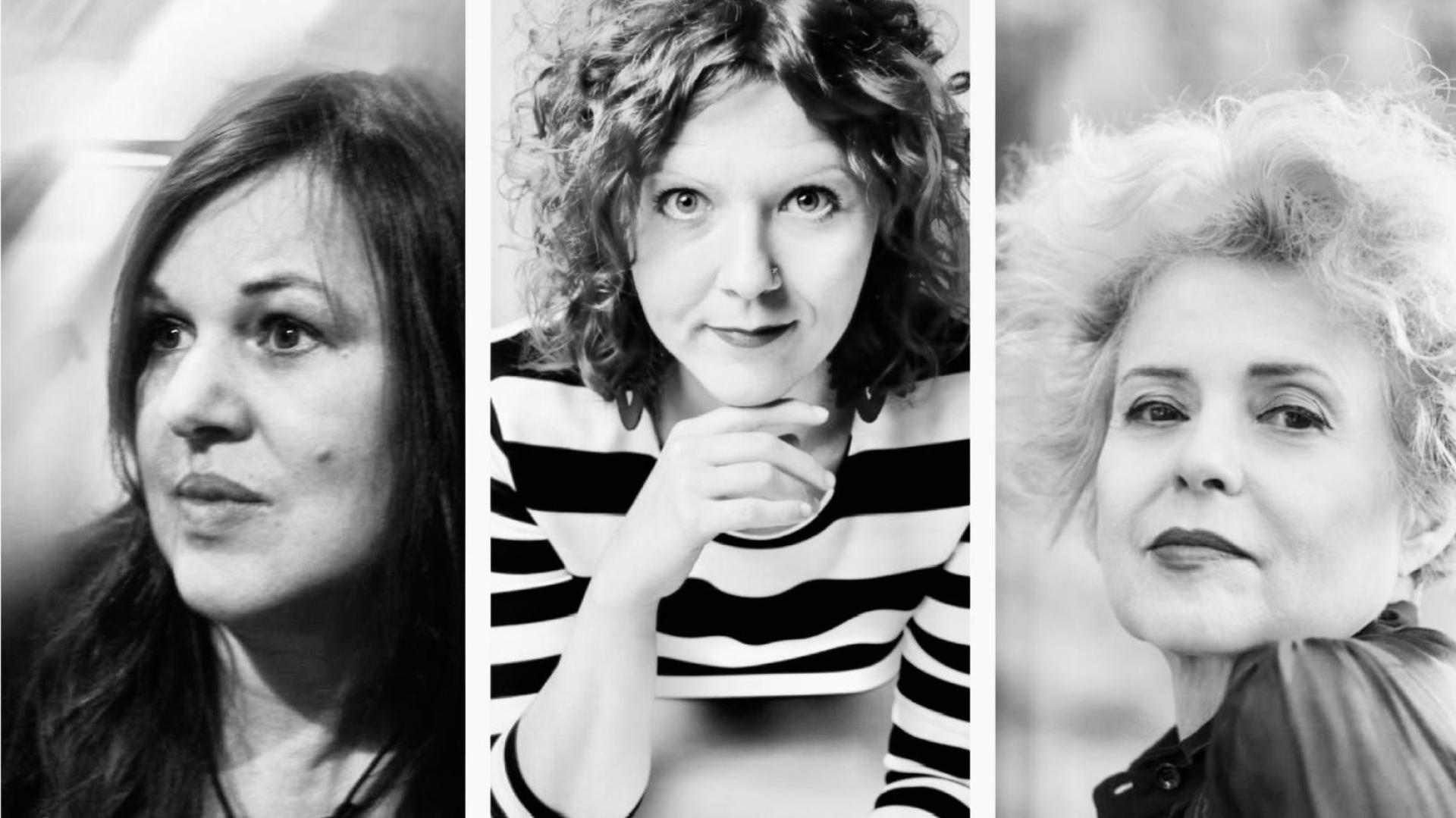 Drei Frauen in Schwarz-Weiß-Fotos, die verschiedene Emotionen Ausdrücken