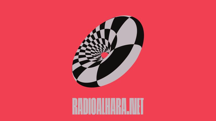 A checkered, donut-shaped geometric form in front a red background, underneath the radio URL